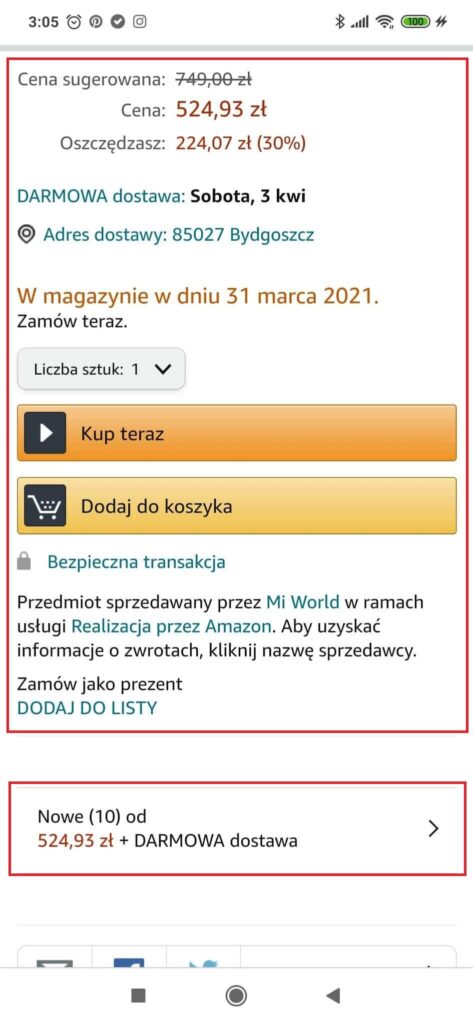 Amazon Buy Box na mobile