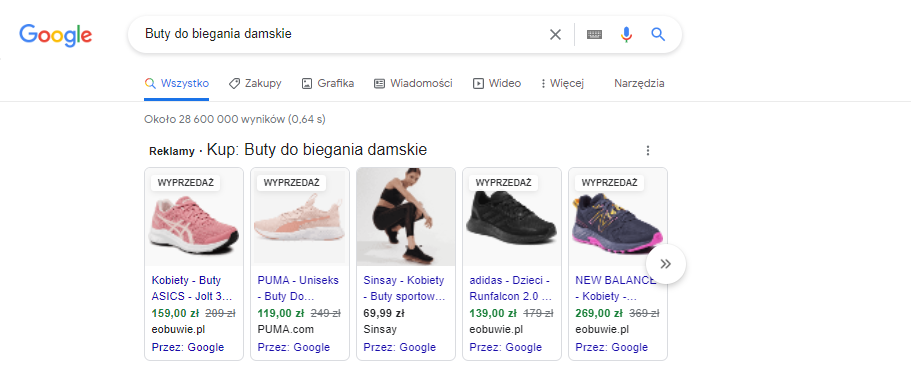 Przykład reklamy produktowej w Google